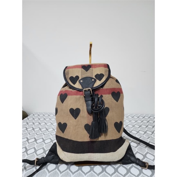 Authentic BURBERRY Leather Canvas Check Heart Print Backpack Bag Black/Beige - Picture 11 of 11